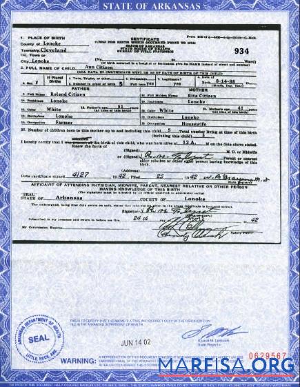 Blank USA Arkansas state birth certificate template in PSD format